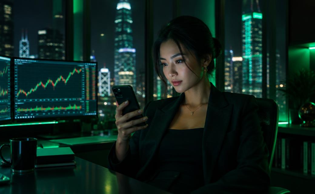 Trader checking her phone
